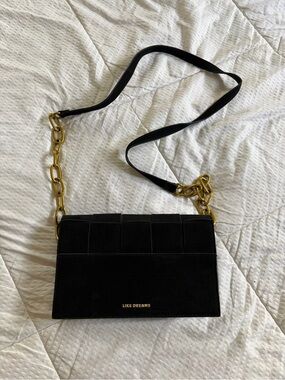 LIKE DREAMS Black Suede Crossbody with Gold Chain Strap